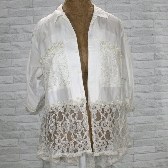 HAND CRAFTED Jacket Upcycled Peplum Lace Pearl Trim Floral White Bridal Large - Picture 6 of 14